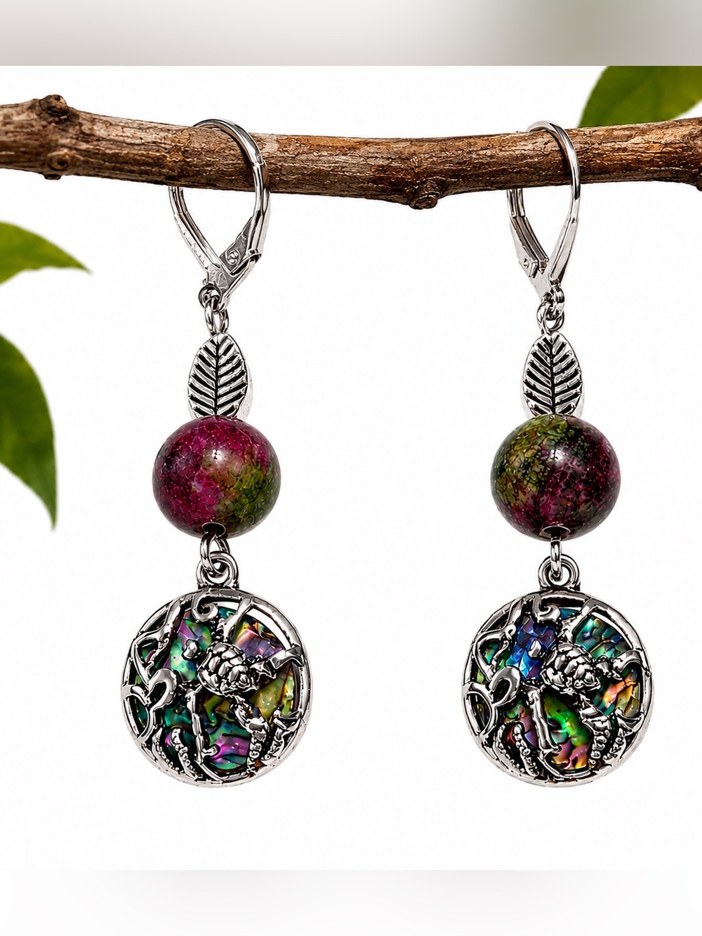Silver Turtle Dangle Earrings Abalone Shell Boho Nature Coastal